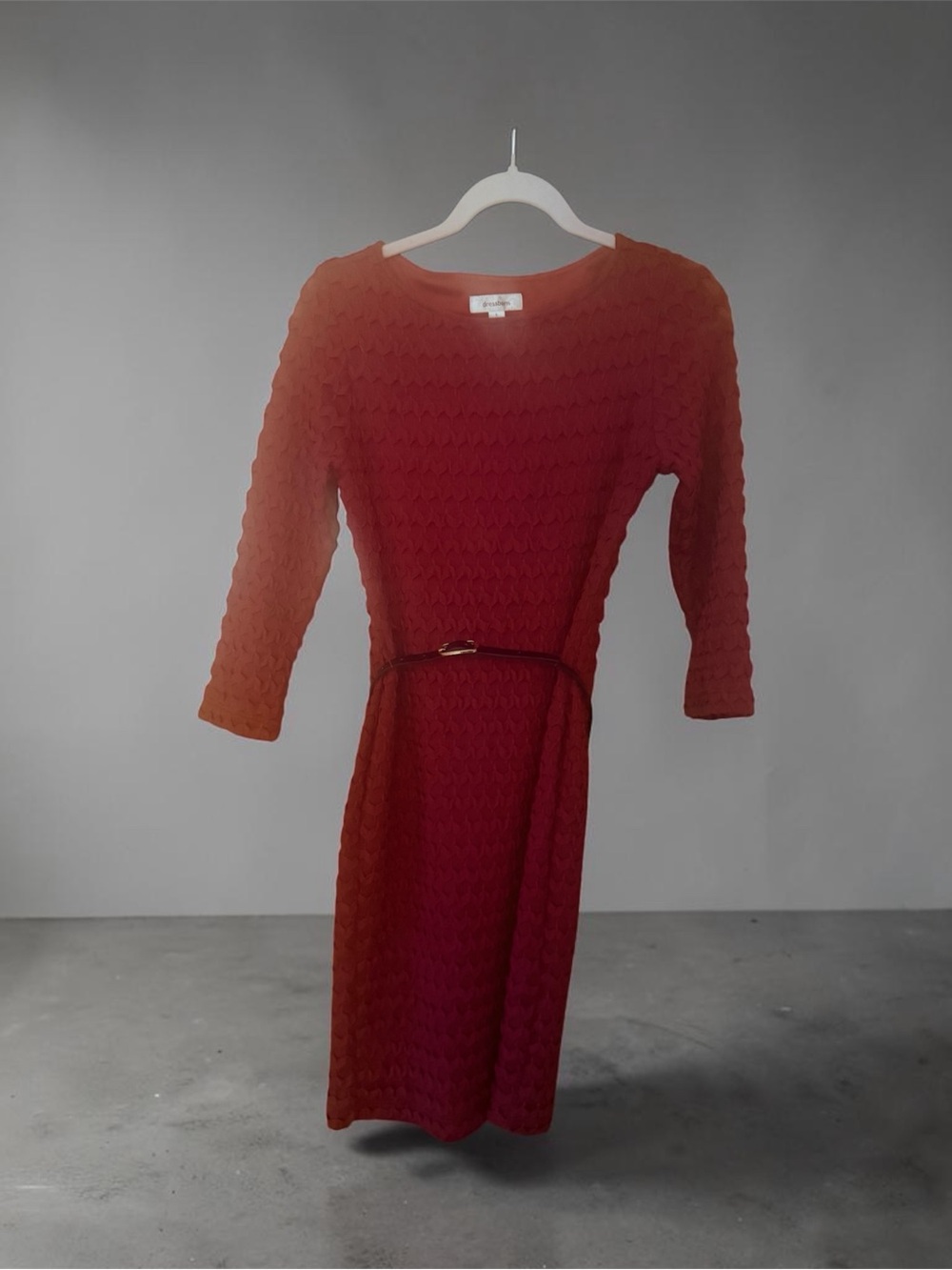 Dress Barn Crimson Textured Belted Long Sleeve Dress
